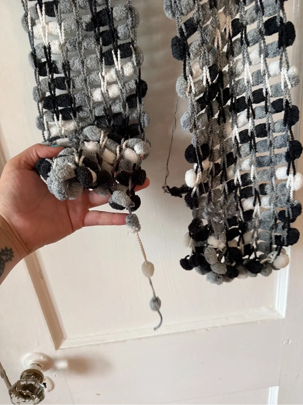 Handcrafted Black & Gray Pom Knit Scarf - Unbranded